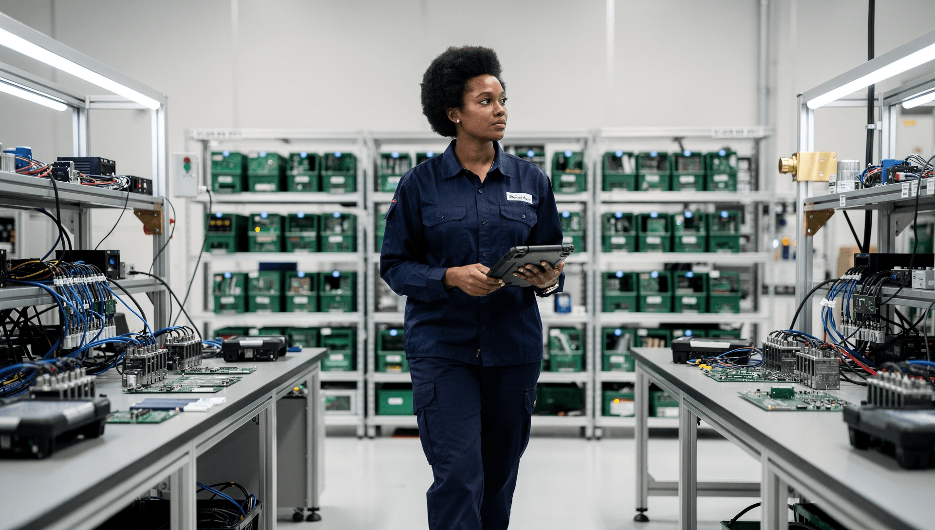 An operator seen from behind walking a dim electronics production aisle, carrying a rugged tablet.