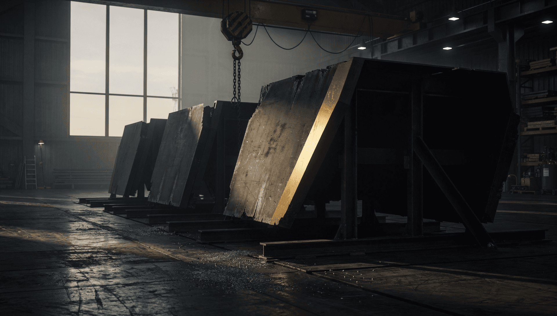 Massive faceted steel hull sections staged in a receding rank on shop-floor skids in a heavy-fabrication hall, a chevron-striped crane block hanging motionless above, daylight from a tall window cutting through haze and one gold highlight along a beveled plate edge.