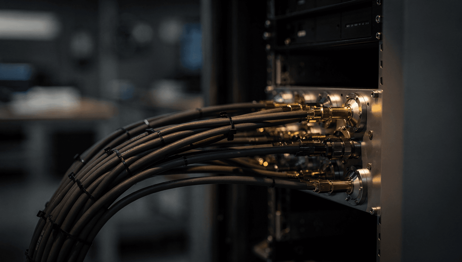 A disciplined loom of connectorized cable harness sweeping from a bench fixture into the open bay of an equipment rack chassis at an avionics integration bench, circular connector shells glinting with one warm brass highlight and tie-wrapped bundles in parallel runs.
