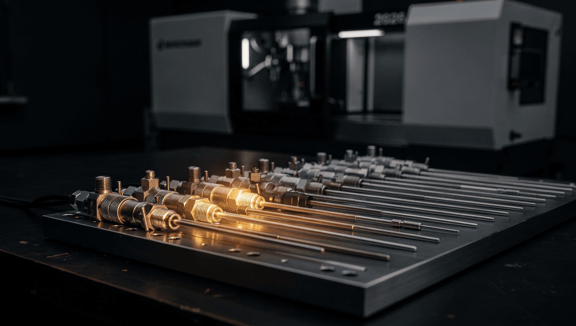 A row of stainless melt-pressure transducers and slender temperature probes laid in precise order on a machined plate at a dark instrumentation bench, their polished threaded fittings catching one warm brass highlight, an injection-molding machine soft in the background.