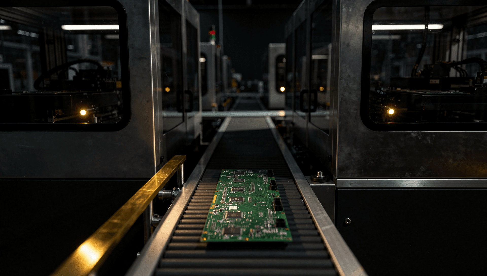 A populated green circuit board riding the narrow roller conveyor between enclosed placement machines on a surface-mount line, warm lamps glowing behind their windows, one brass rail running along the conveyor edge and the far end of the line vanishing into near-black.