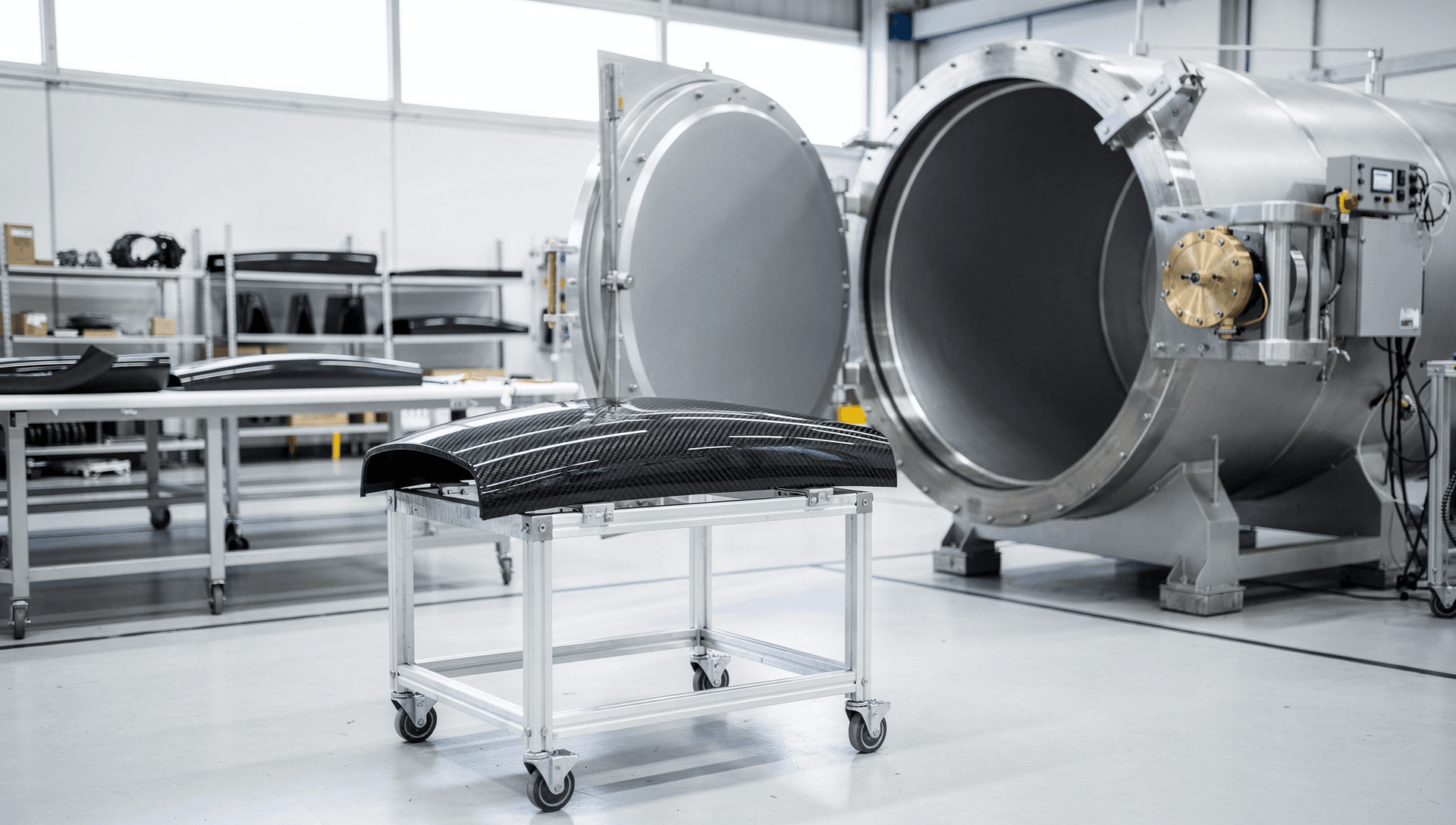 The heavy circular door of an industrial autoclave swung open in a bright, clean composites shop, a wheeled aluminum cart holding a finished, unwrapped curved carbon-fiber aerostructure panel before it, its woven weave catching even daylight and one warm brass highlight on the autoclave's latching hub.