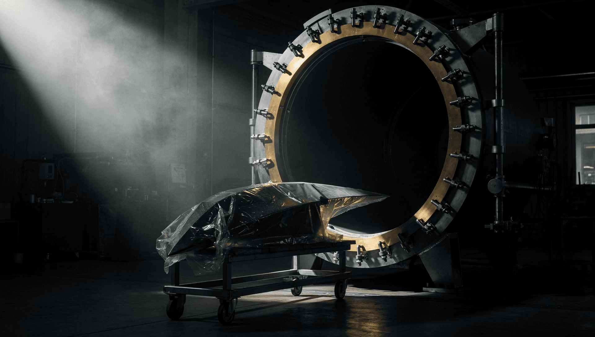 The massive circular door of an industrial autoclave standing ajar in a dark composites shop, a wheeled cart holding a bagged carbon-fiber aerostructure panel waiting before it, the ring of steel latching lugs catching one warm brass highlight through soft vapor haze.