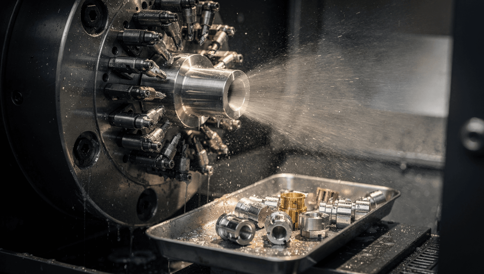 The tool turret of a Swiss-type precision lathe crowded with cutting tools around its guide bushing, coolant spraying across the work zone, and a steel tray of mirror-finished turned components in the foreground, one brass bushing among them catching the light.