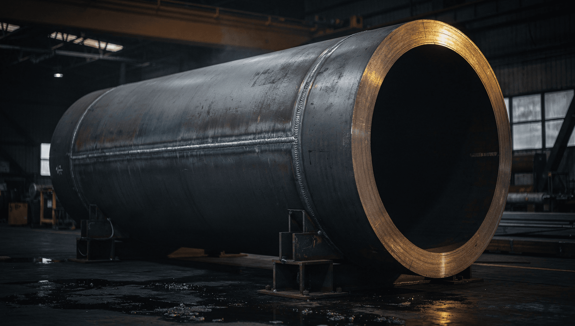 A heavy rolled-steel cylinder section on support stands in a dark fabrication hall, a fresh circumferential weld seam catching low raking light across its curve and one warm brass highlight along the machined rim.