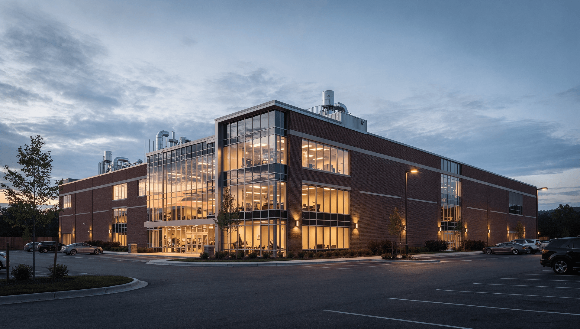 A modern New England advanced-manufacturing facility at dusk, brick-and-glass architecture of the Massachusetts and New Hampshire defense corridor with warm light glowing from the windows against a cool blue-grey evening sky.