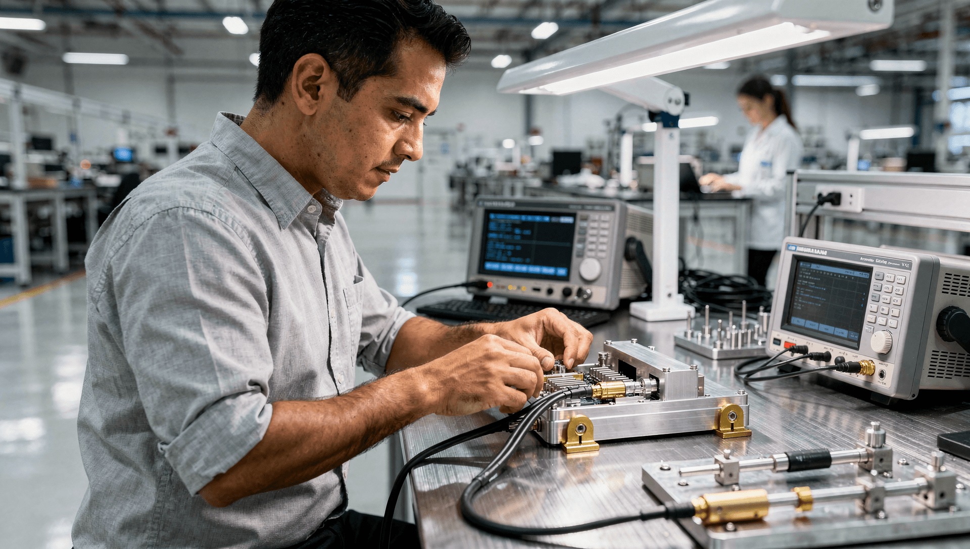 A technician calibrating a connectorized sensor module at an ESD workstation on a precision electromechanical and sensor manufacturing floor, cool blue-grey tones with a single warm brass highlight on the work surface.