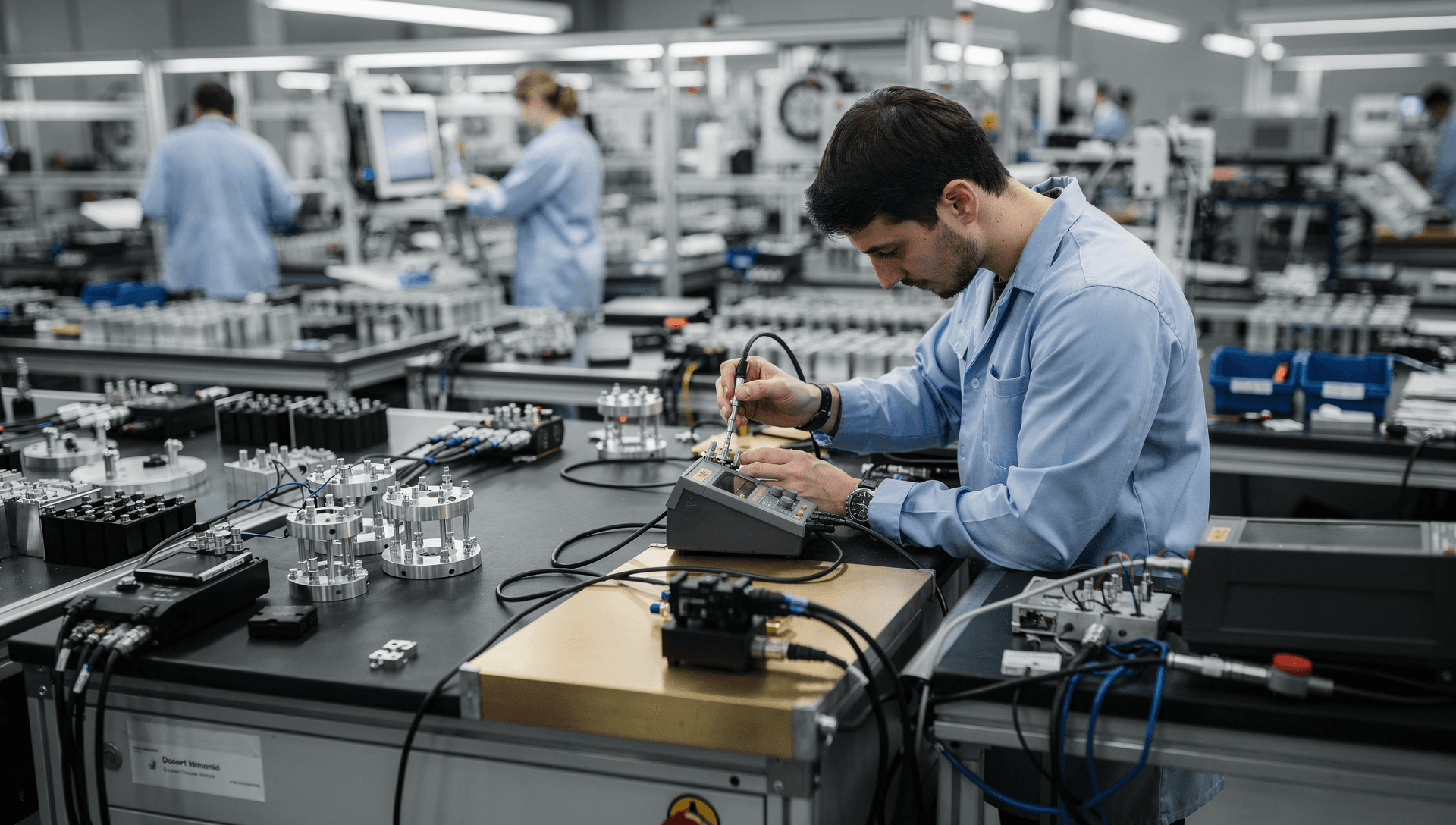 A technician calibrating a connectorized sensor module at an ESD workstation on a precision electromechanical and sensor manufacturing floor, cool blue-grey tones with a single warm brass highlight on the work surface.