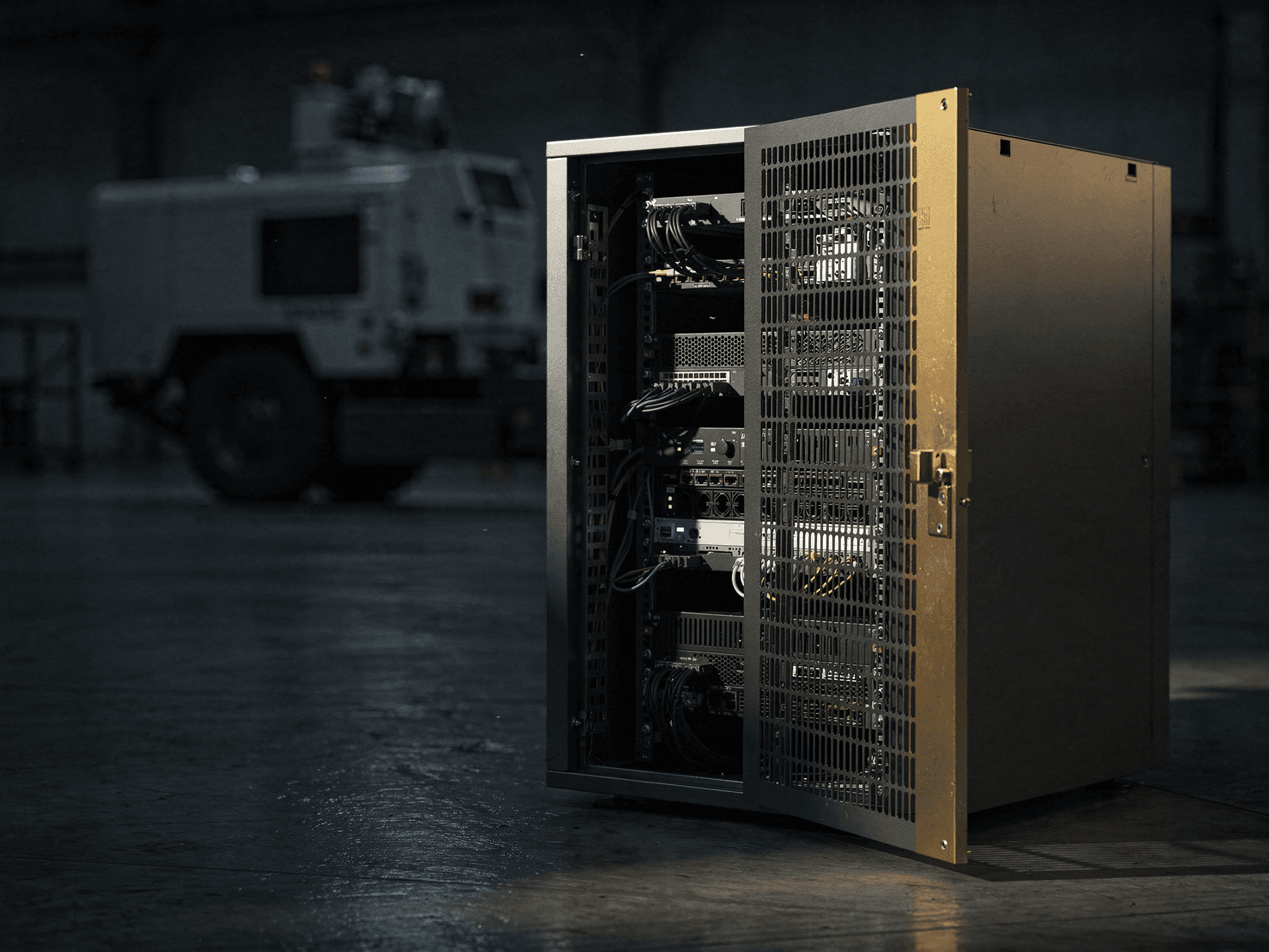 A ruggedized IT enclosure standing on a factory floor, rack-mounted servers and network switches behind its half-open ventilated door finished in warm brass, patch cabling dressed tight in vertical managers and indicator LEDs glowing as points in the dark, a wheeled armored support vehicle softened in the gloom behind.