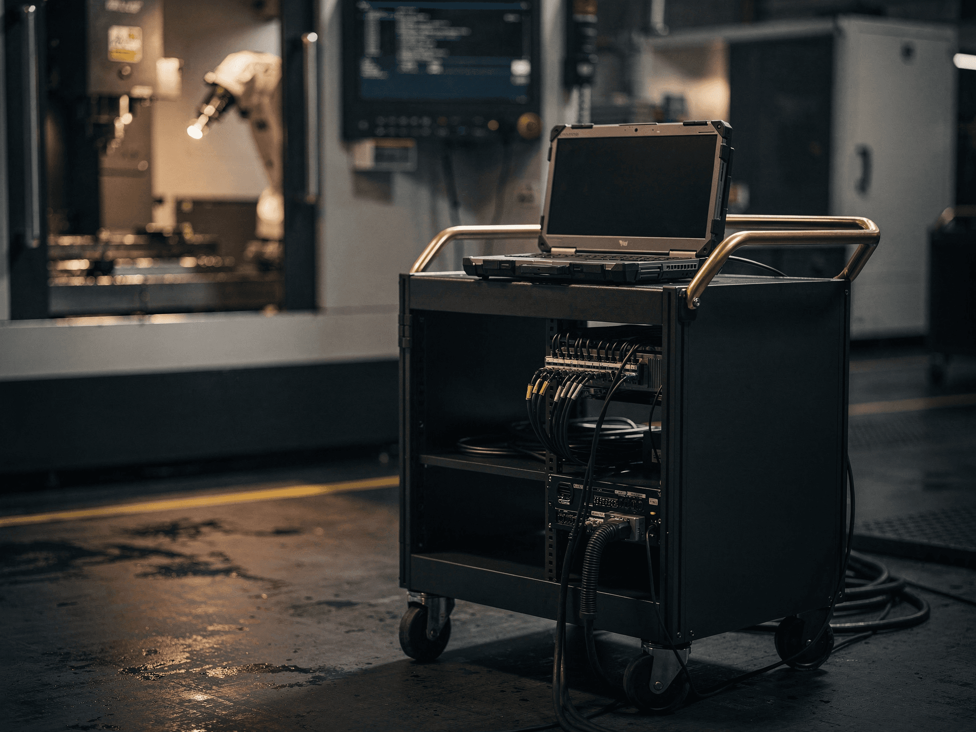 A standing-height IT cart with warm brass push rails parked at the edge of a machine cell on a dark production floor, a hardened laptop open on top feeding patch cables down into the cart's rack gear, a CNC machining center and its control screen glowing in warm light beyond.