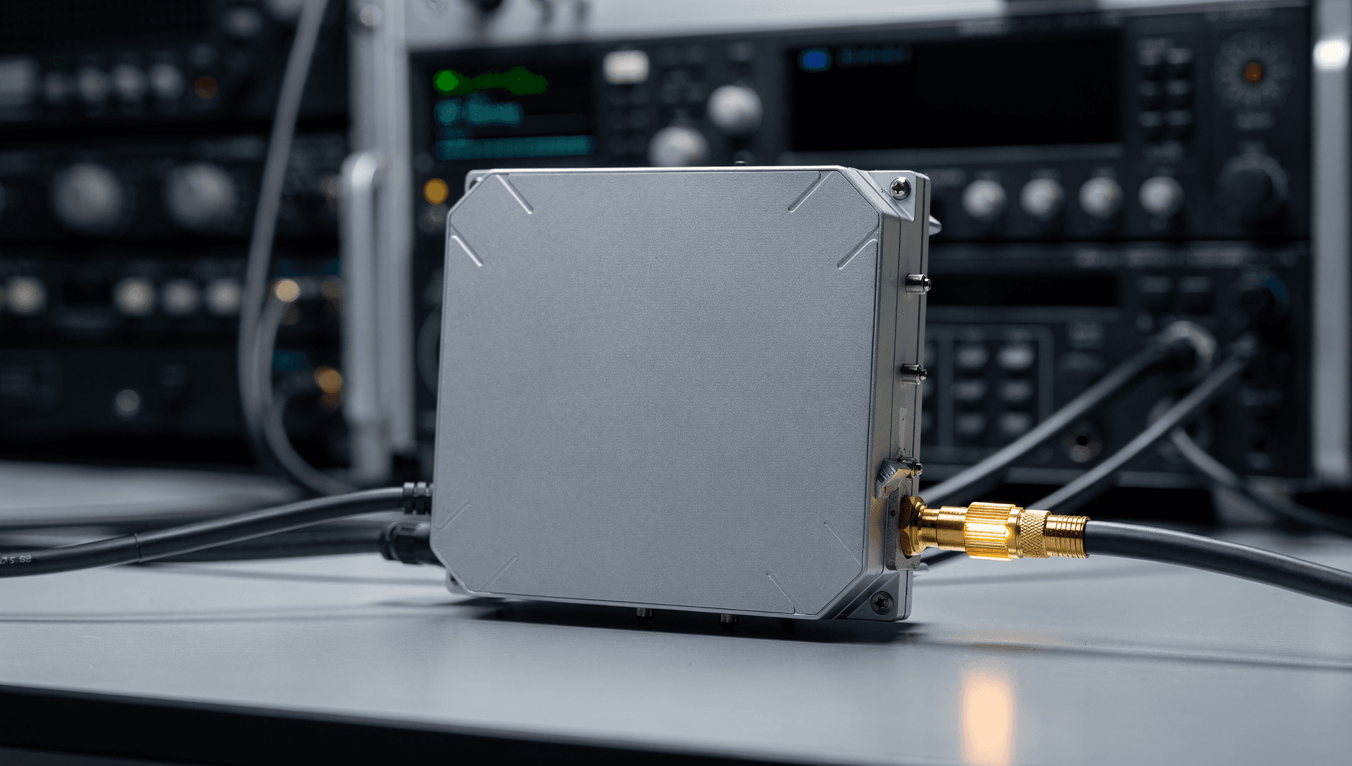 A compact electronic-warfare and counter-drone payload with a flat phased-array antenna face on an RF test bench, coaxial cables routed to rack-mounted signal test equipment, cool blue-grey tones with a single warm brass highlight on a gold RF connector.