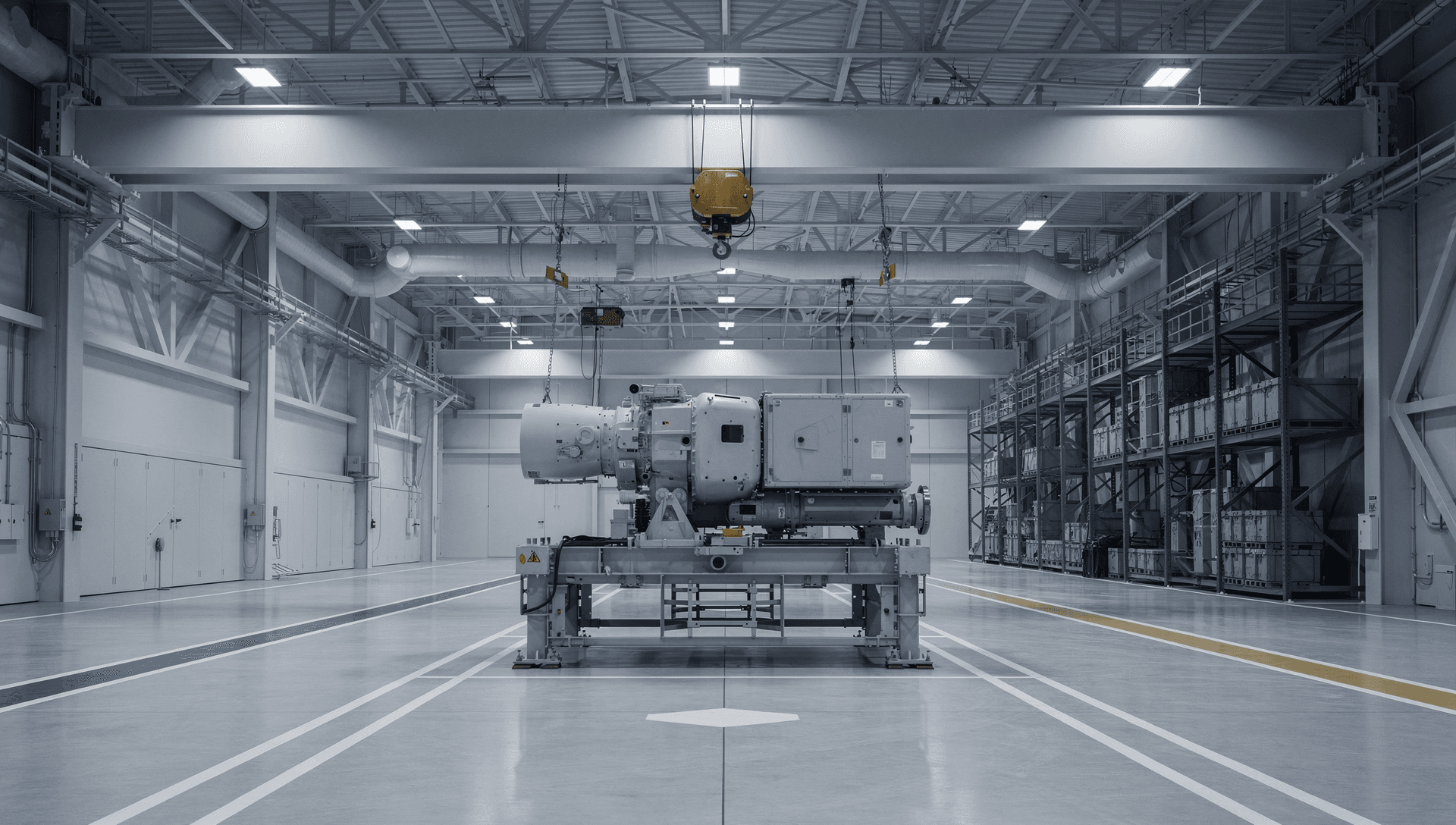 An overhead gantry crane lowering a large autonomous-system subsystem onto an assembly stand in a secure high-bay final-integration hall of a US defense facility, cool blue-grey industrial light with a warm brass highlight on a lifting fixture.