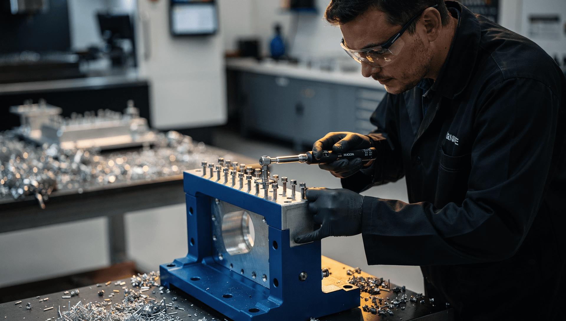 A technician torquing a row of fasteners on a machined aluminum aerospace structural fitting held in an assembly fixture, a precision-components manufacturing floor in cool blue-grey light with a single warm brass highlight on the metal.