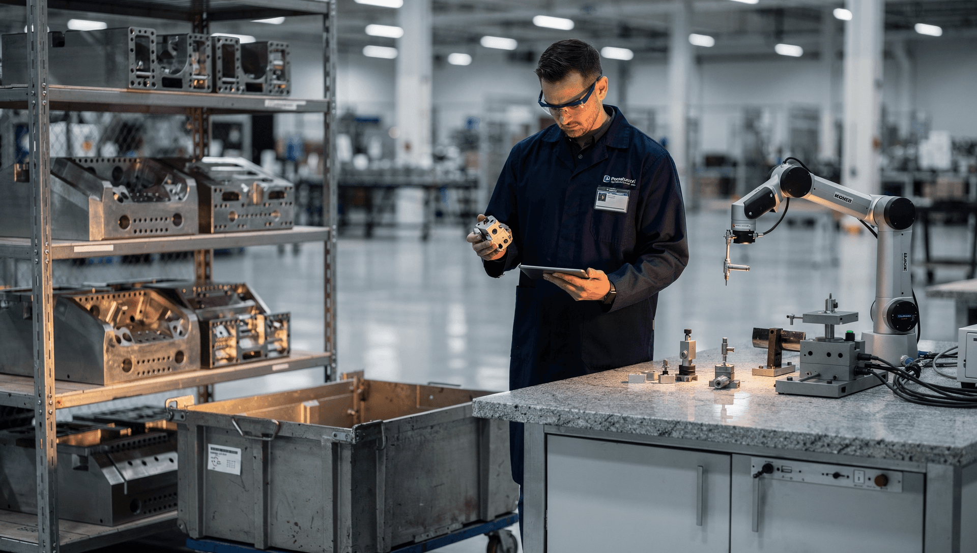 An inspector checking a machined aerospace component against a tablet at a granite inspection bench in the receiving and integration area of a New England defense manufacturing facility, cool blue-grey industrial light.