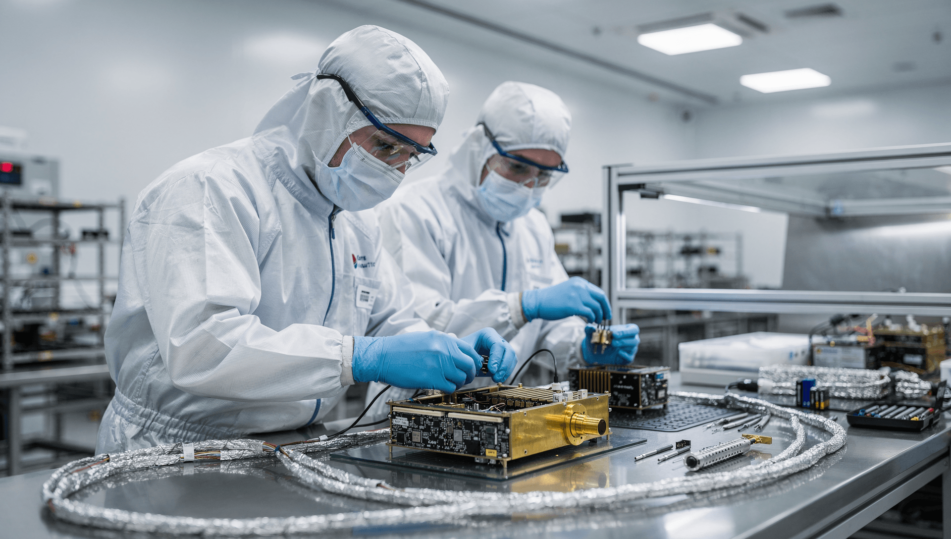 Two gowned technicians assembling a gold-chassis satellite avionics module with foil-shielded harnesses at a laminar-flow bench in a space-grade aerospace electronics cleanroom, cool blue-grey tones with a warm brass highlight on a gold connector.