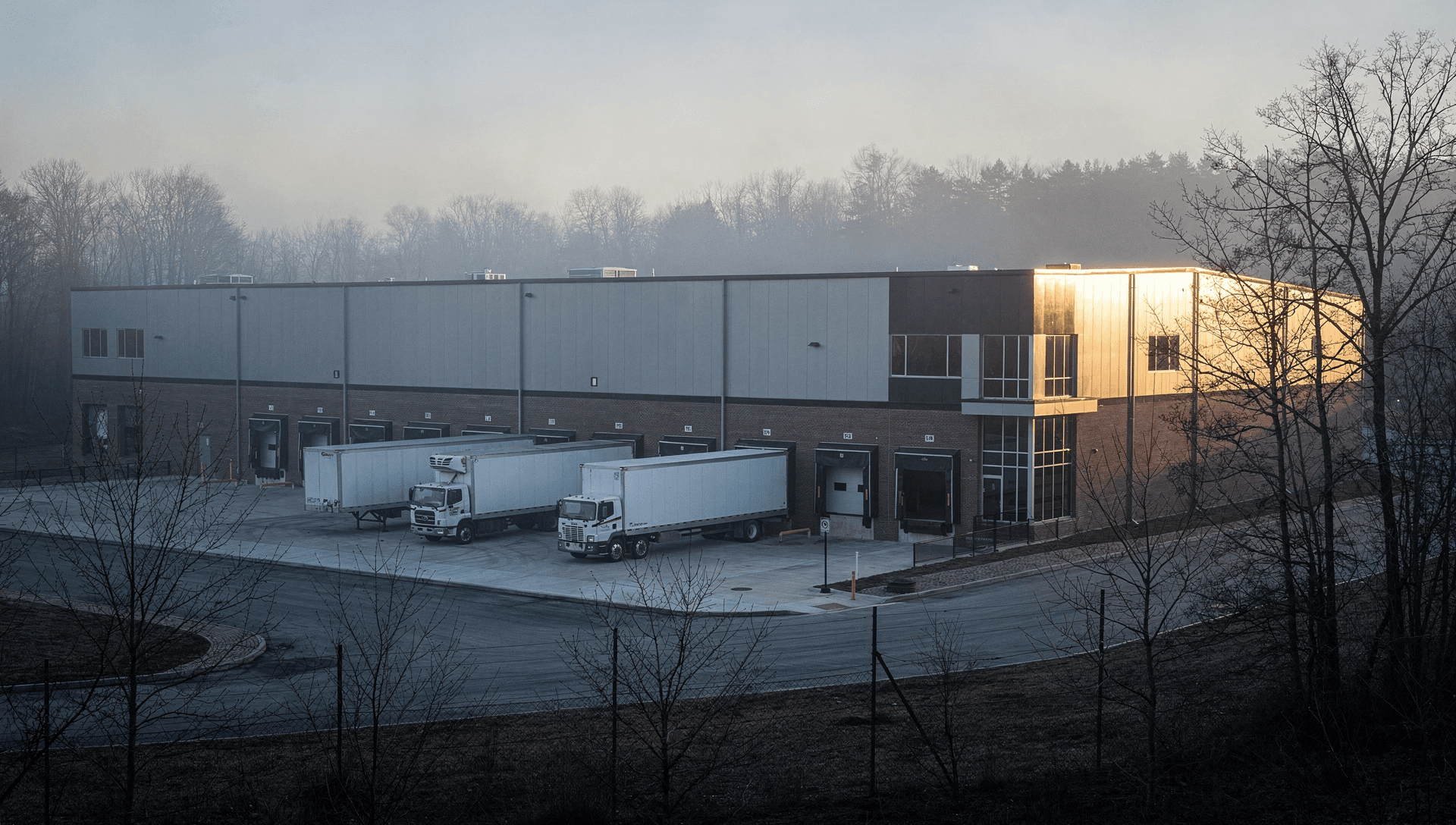 A modern brick-and-steel flex-industrial building with loading docks in a Southern New Hampshire defense corridor at raking dawn light, low morning mist and bare trees, warm sunrise on the metal facade.