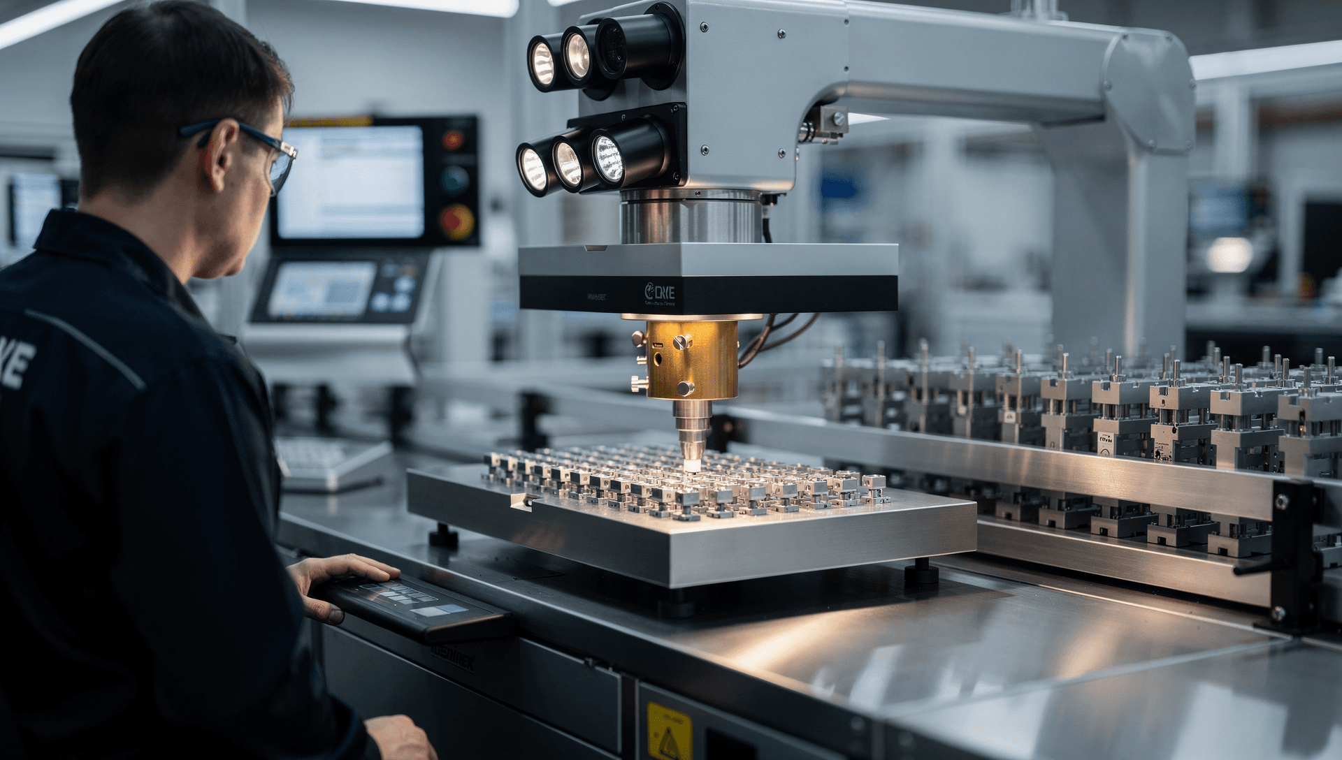 A robotic pick-and-place cell placing precision sensor components onto a carrier under a machine-vision head on an automated sensor manufacturing line, cool blue-grey tones with a warm brass highlight on a machined sensor body.