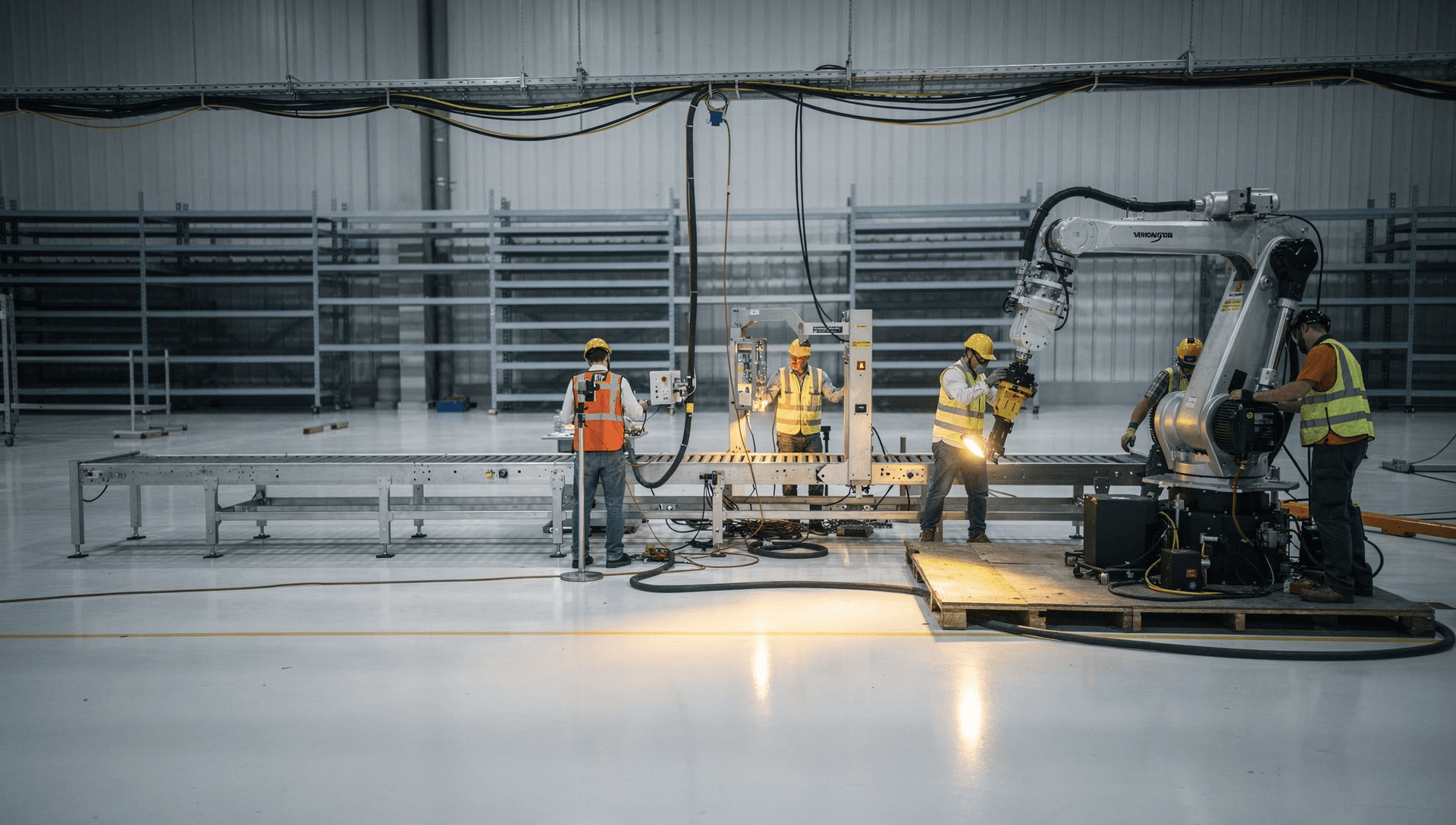 An install crew commissioning a new automation conveyor and robotic cell on a freshly-fitted greenfield US manufacturing floor with empty racking behind, cool blue-grey light.