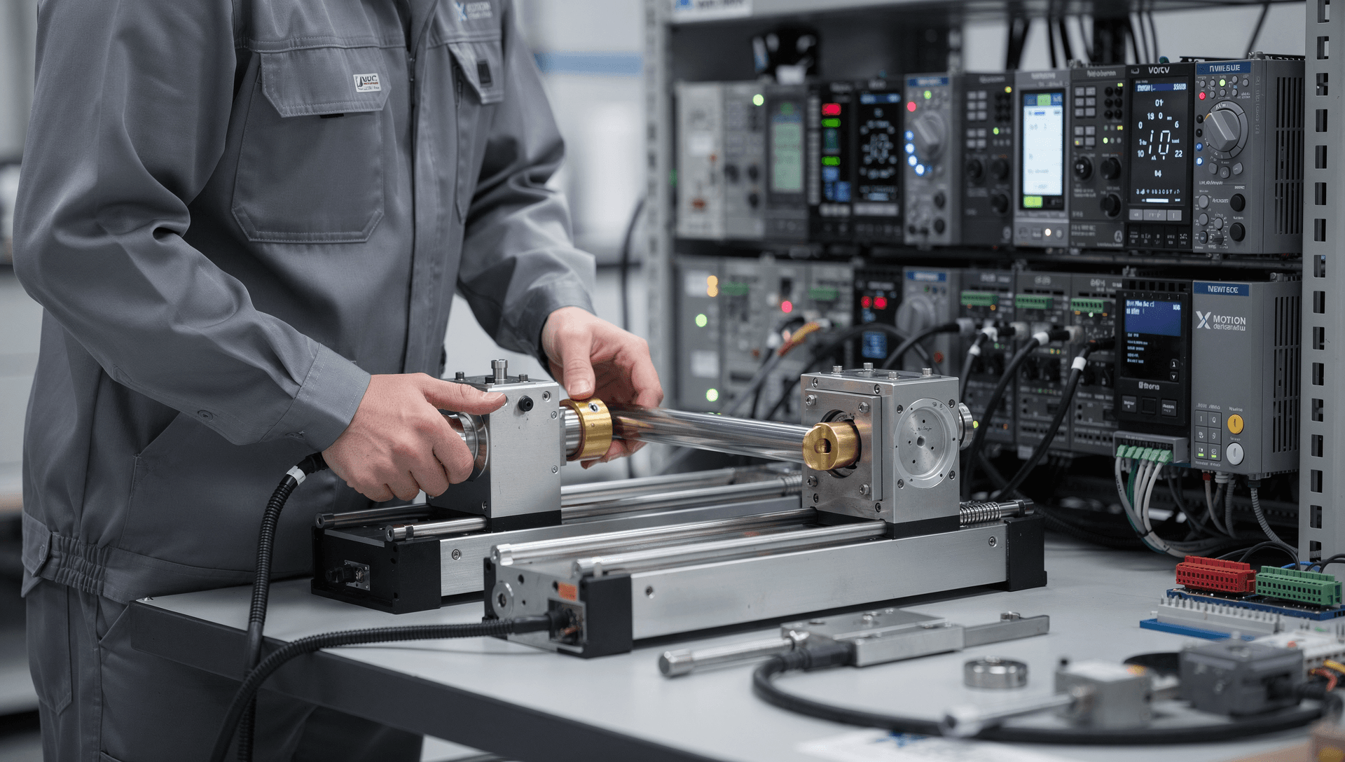 A technician assembling a servo-driven linear-motion actuator with brass collars at a bench, motor drives and controllers racked behind on an industrial motion-control assembly floor, cool blue-grey tones with a single warm brass highlight.