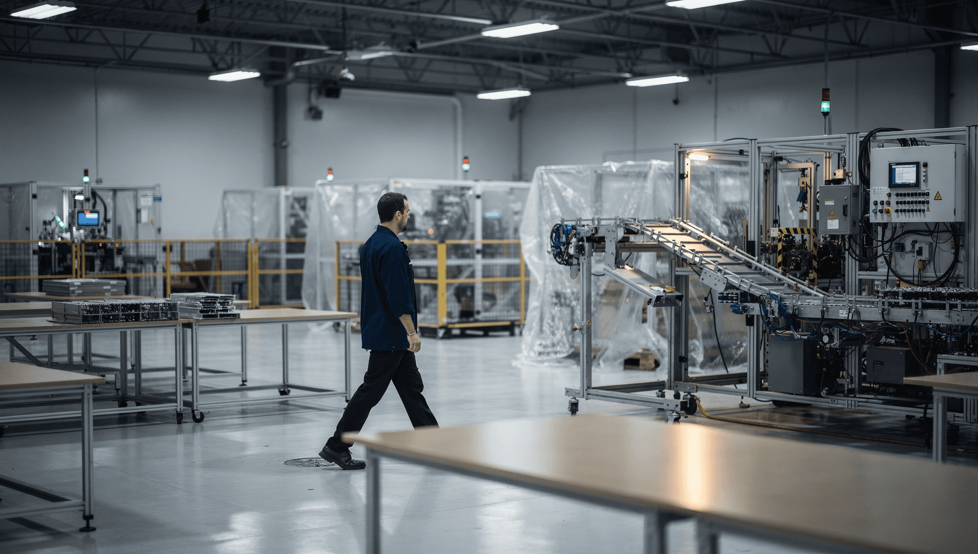 A lone operator walking a wide, bright US manufacturing floor mid stand-up, part-built workstations and a motion-control line being commissioned under protective wraps, cool blue-grey light.