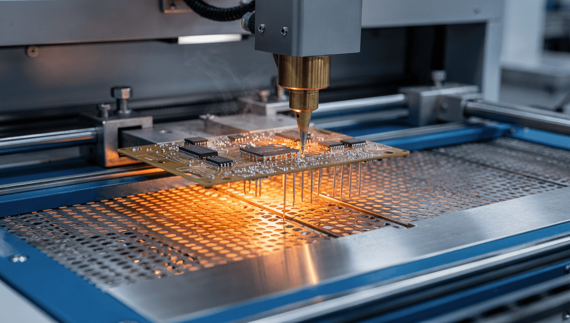 A selective-soldering machine applying solder to the underside of a circuit-card assembly on a conveyor, a precise nozzle over a faintly glowing preheat zone, cool blue-grey light with a single warm brass highlight on the solder nozzle.