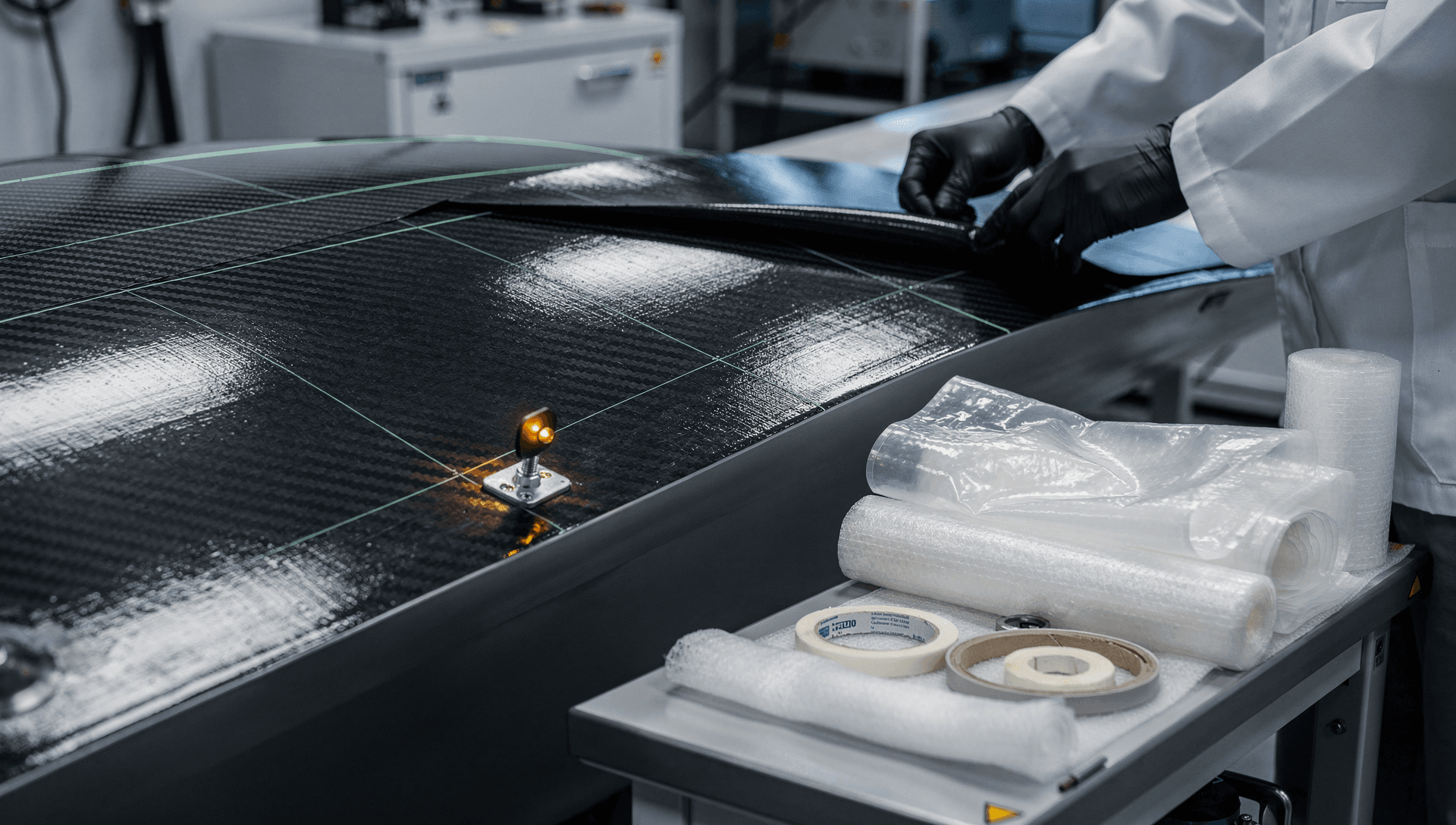 A technician hand-laying carbon-fibre prepreg plies onto a curved aerostructure mould tool, vacuum-bagging film and sealant tape staged nearby with faint laser guide lines on the surface, cool blue-grey tones with a warm brass highlight on a fixture clamp.
