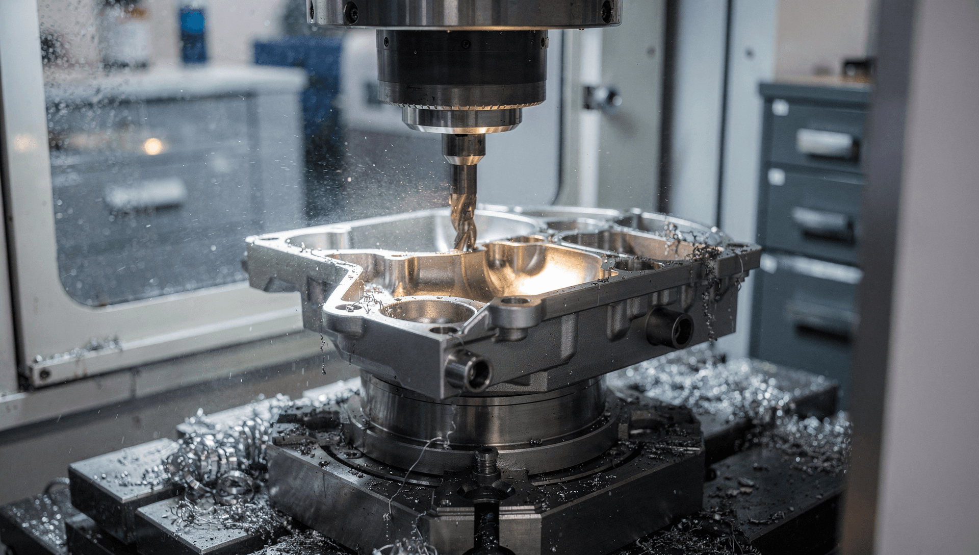 A five-axis CNC precision machining centre cutting a complex titanium mechatronic housing, coolant mist and curled swarf around the tool inside a glass enclosure, cool blue-grey light with a single warm brass highlight on the machined part.