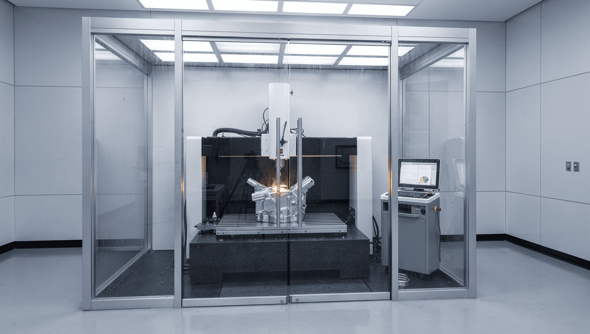 A coordinate measuring machine probing a machined component inside a climate-controlled glass-walled enclosure in a US precision-metrology lab, granite surface plate behind, cool blue-grey light with a warm brass highlight on the part.