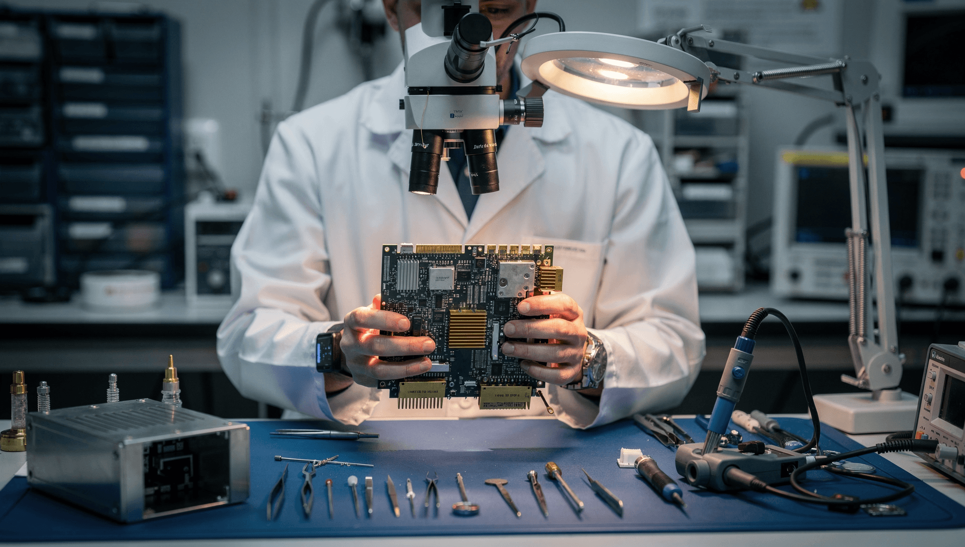 A technician inspecting a populated line-replaceable avionics electronics module under a bench microscope and inspection lamp at a defense-electronics assembly bench, cool blue-grey tones with a warm brass highlight on a gold connector.