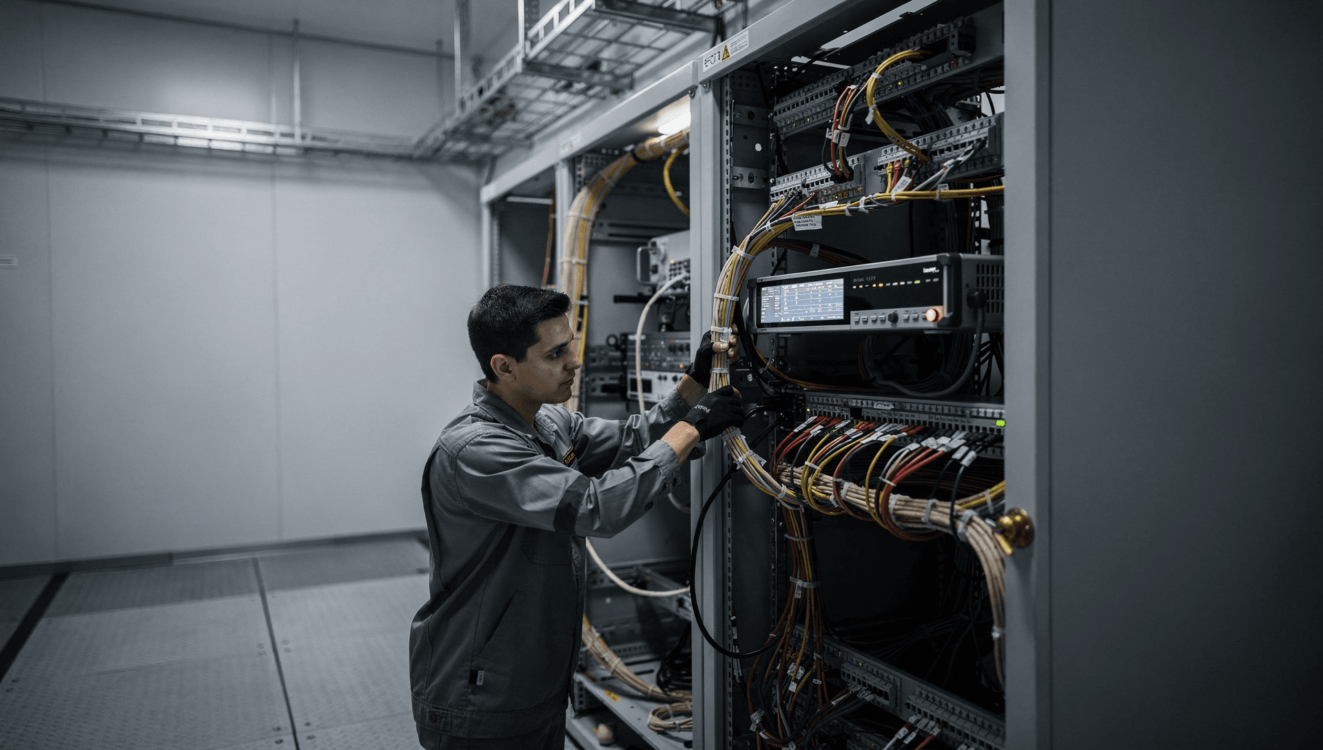 A technician routing bundled structured cabling into a new server and network rack during a secure network-integration and enclave build inside a US defense facility, cool blue-grey light.