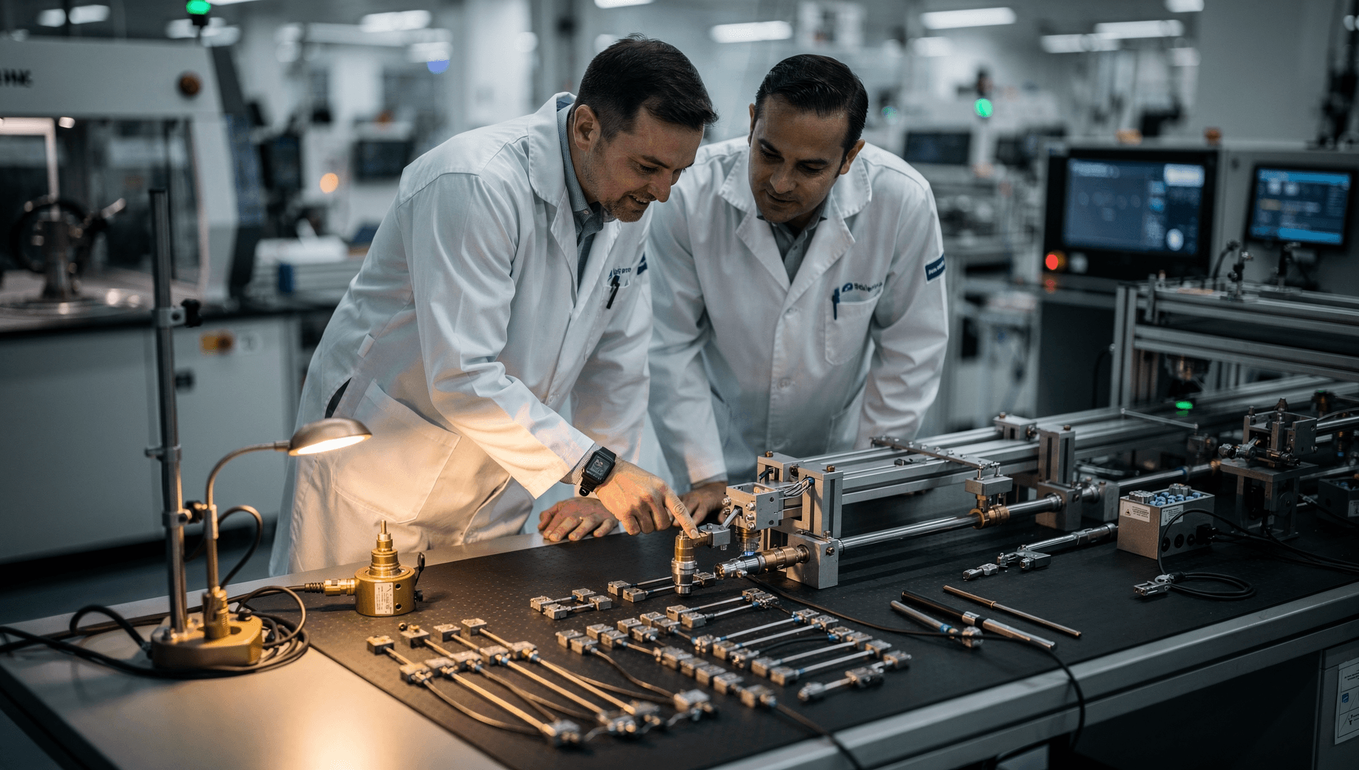 An embedded fractional operations leader reviewing a sensor-manufacturing line with a team lead at an ESD workstation, connectorized modules laid out on an anti-static mat, cool blue-grey tones with a single warm brass highlight from a task lamp.