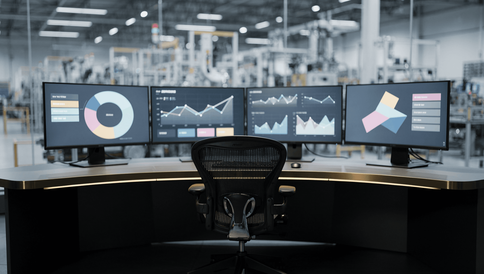 A clean operations command station overlooking the manufacturing floor, a curved desk of monitors carrying abstract line-status and SQDIP-style readouts, cool blue-grey tones with a single warm brass highlight along the metal desk edge.