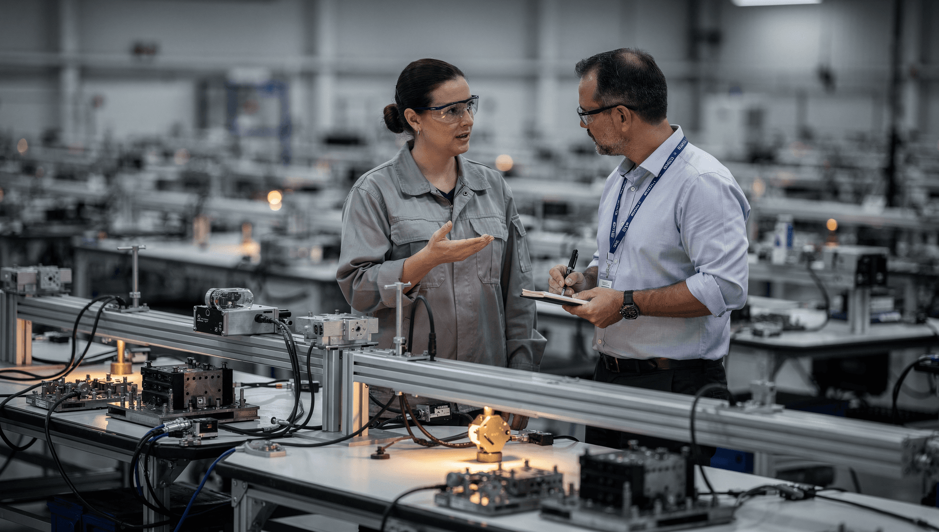 A fractional operations lead walking an electromechanical assembly floor with a line operator during a Gemba walk, the operator tracing how work moves between stations, cool blue-grey tones with a single warm brass highlight on a bench fixture.
