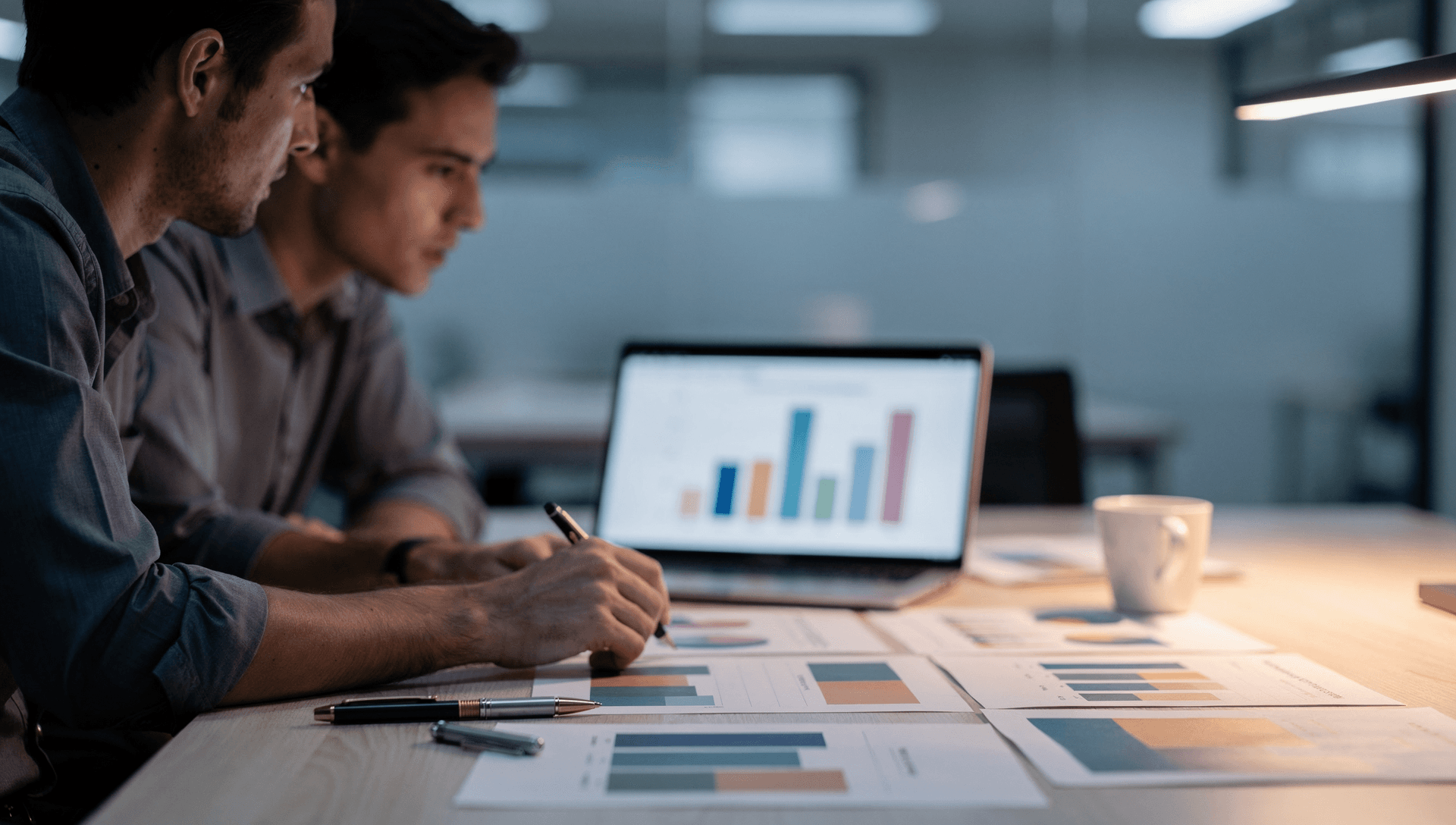 A focused operational due-diligence session over spread financial charts and an open laptop showing an abstract P&L waterfall, cool blue-grey tones with a single warm brass highlight on a pen.