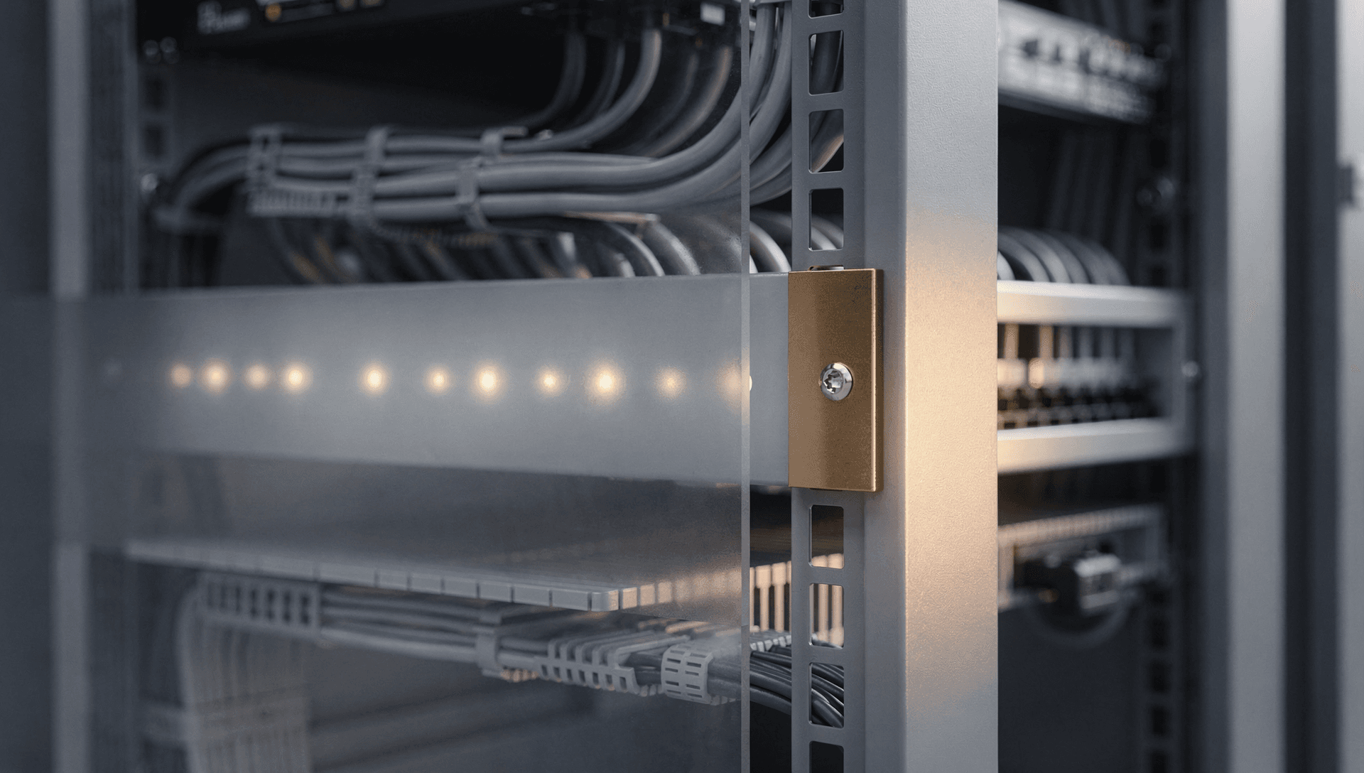 A segmented network rack in a small on-site server enclave marking a compliance data border, neatly dressed cabling behind a frosted-glass partition, cool blue-grey tones with a single warm brass highlight on a rack bracket.