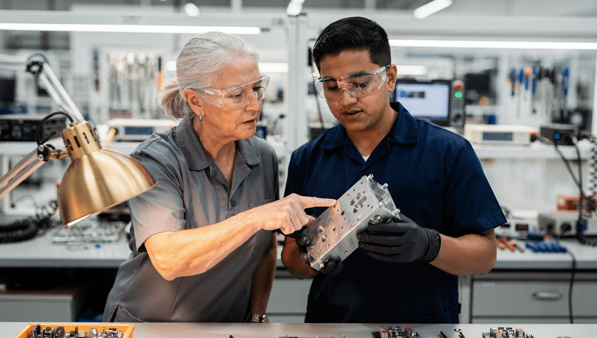 An older engineer guiding a younger colleague through a precision sensor sub-assembly at a lit workstation on an advanced electromechanical manufacturing floor.