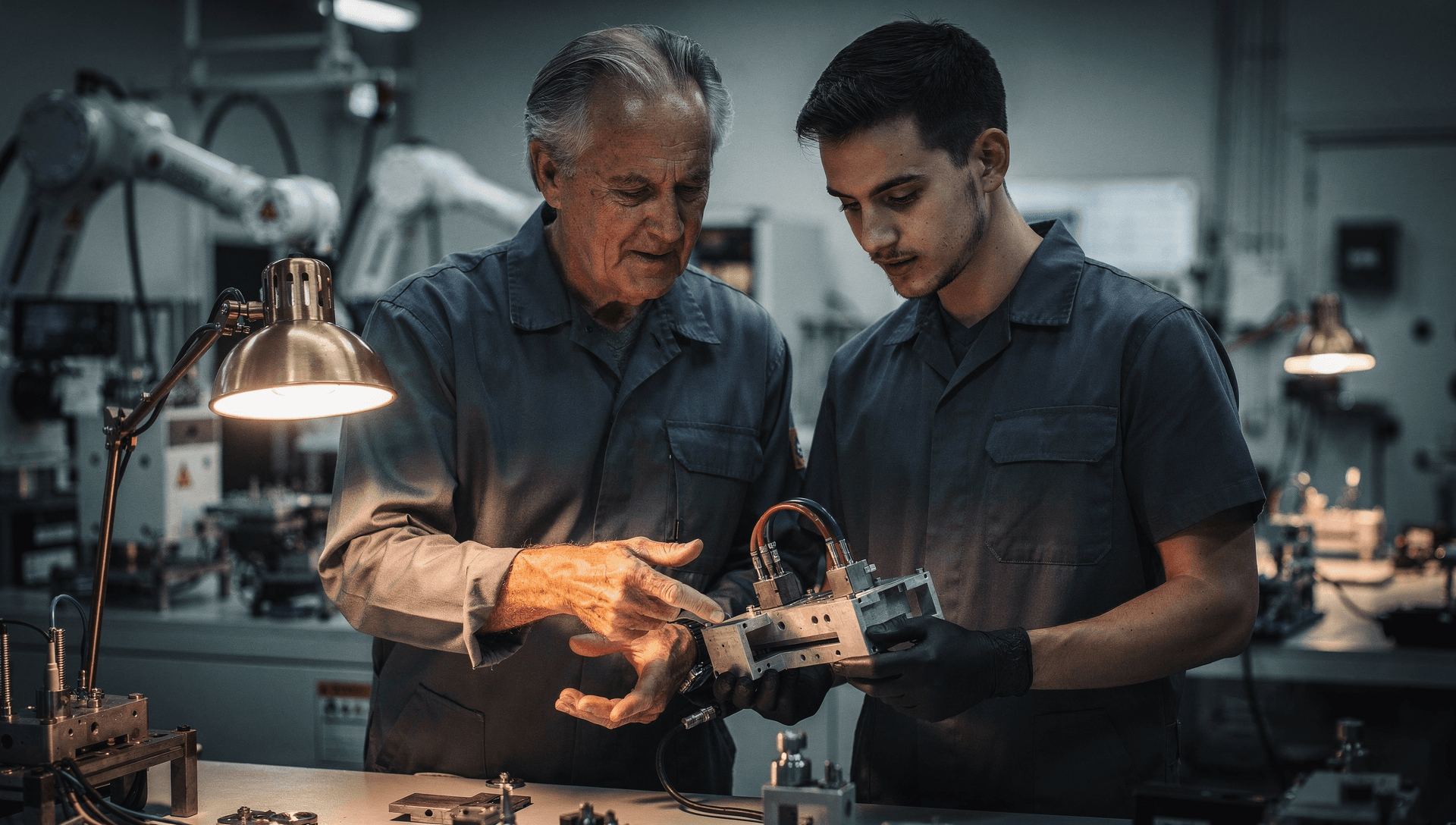 An older engineer guiding a younger colleague through a precision sensor sub-assembly at a lit workstation on an advanced electromechanical manufacturing floor.