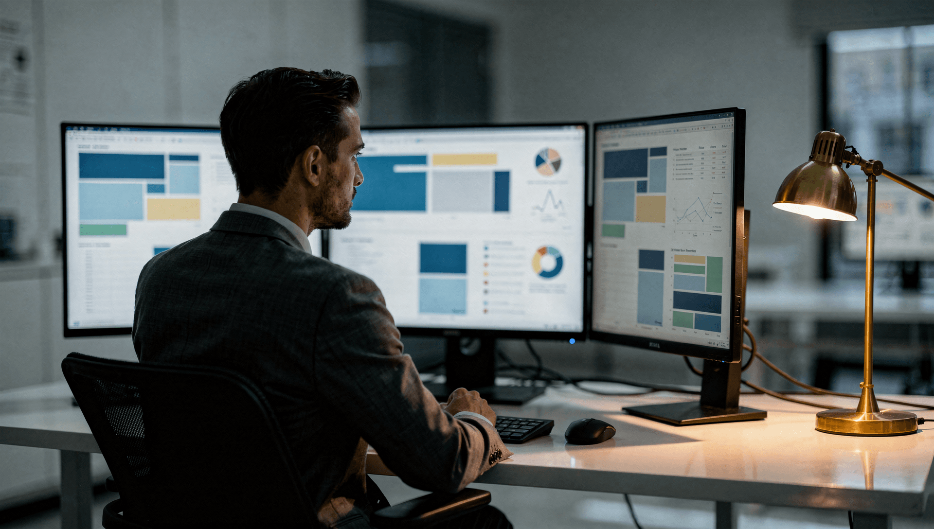 A defense-operations analyst at a modern multi-screen workspace reviewing operational and compliance dashboards under a single warm brass desk lamp.