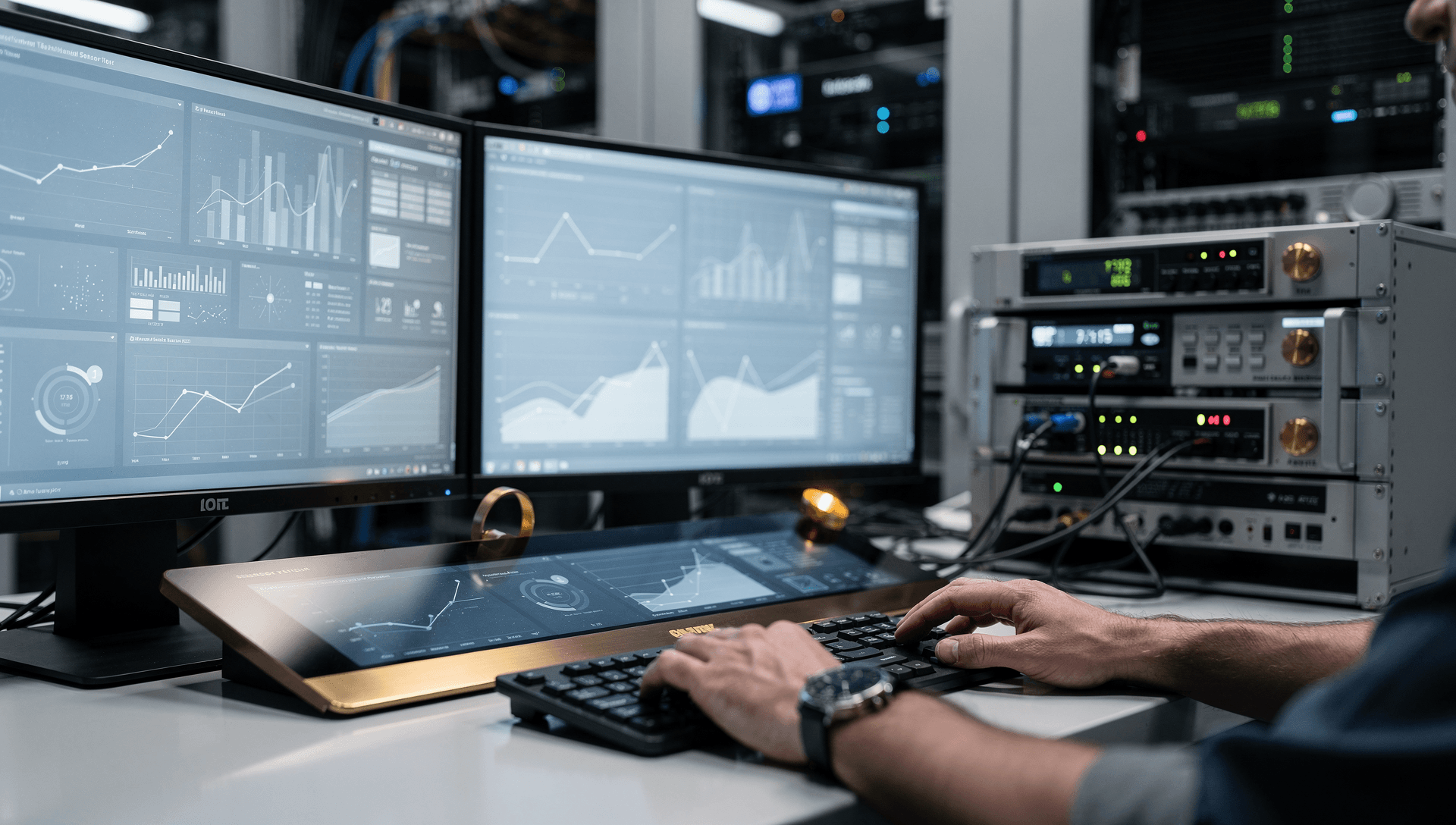 A technician's hands at a modern IT and OT operations dashboard beside rack-mounted automated sensor-test equipment, cool blue-grey control-room tones with a single warm brass highlight on the instrument panel.