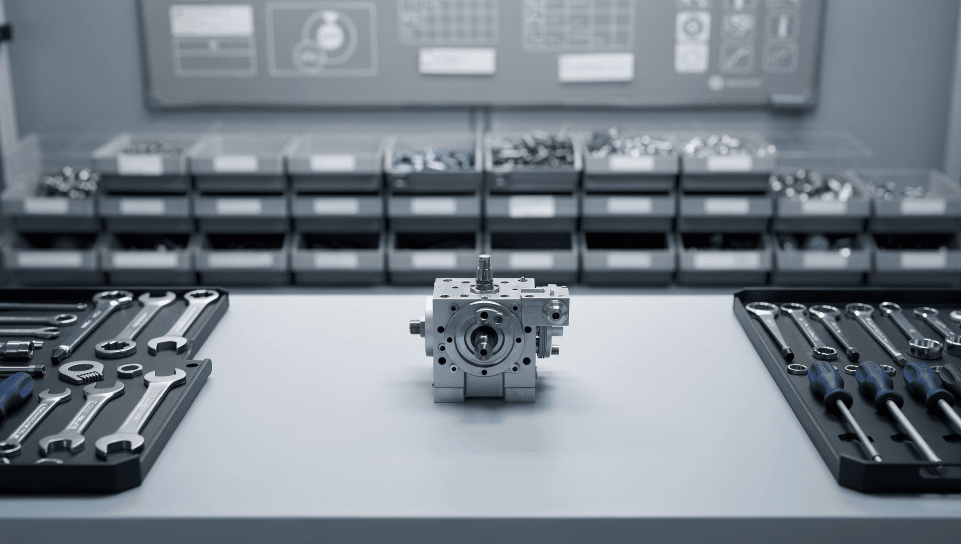 A disciplined standard-work 5S manufacturing cell: a precision electromechanical sub-assembly with a single brass fitting staged on a clean workbench between shadow-board tool organizers and labeled parts bins, in a desaturated cool blue-grey palette.