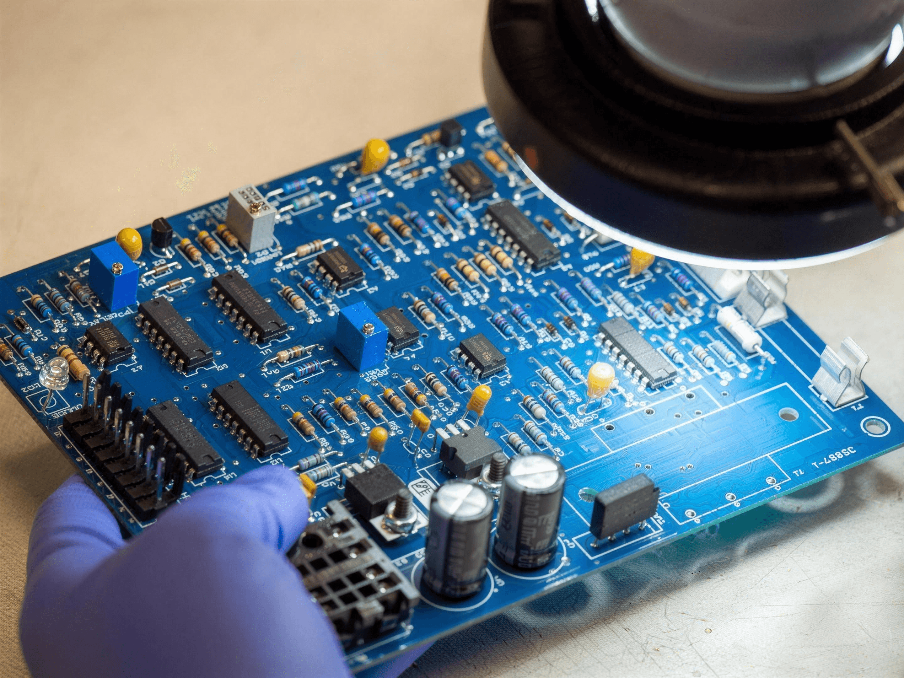 Gloved hands cradling a populated through-hole circuit board beneath the lens head of a bench magnifier lamp during inspection, ordered rows of resistors, DIP integrated circuits, and film capacitors visible across the board on a brightly lit workbench.