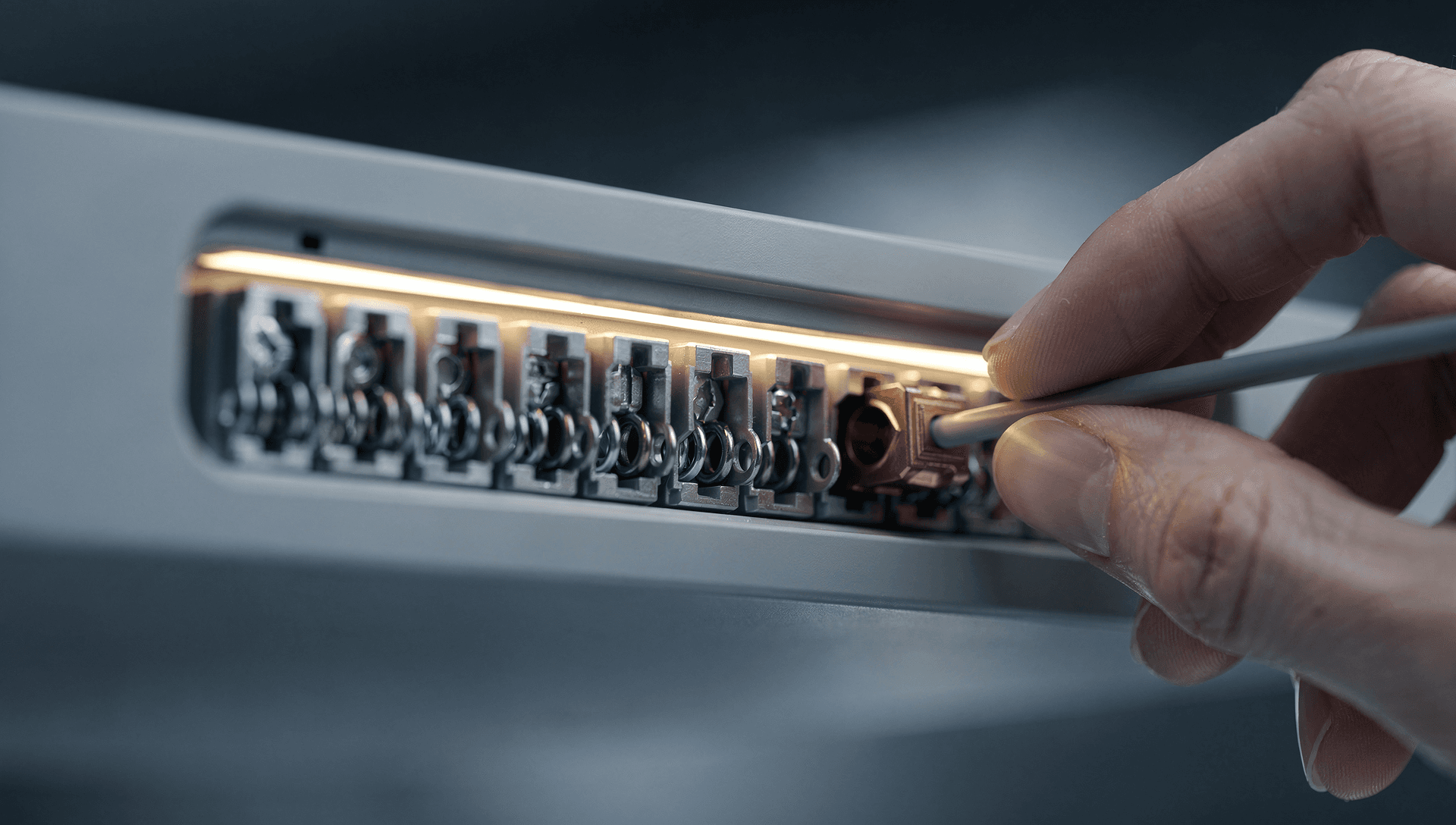 A modern modular electrical connection block with a clean row of quick-connect terminals, a technician's hand inserting a single conductor, cool blue-grey tones with a single warm brass highlight on the machined contacts.