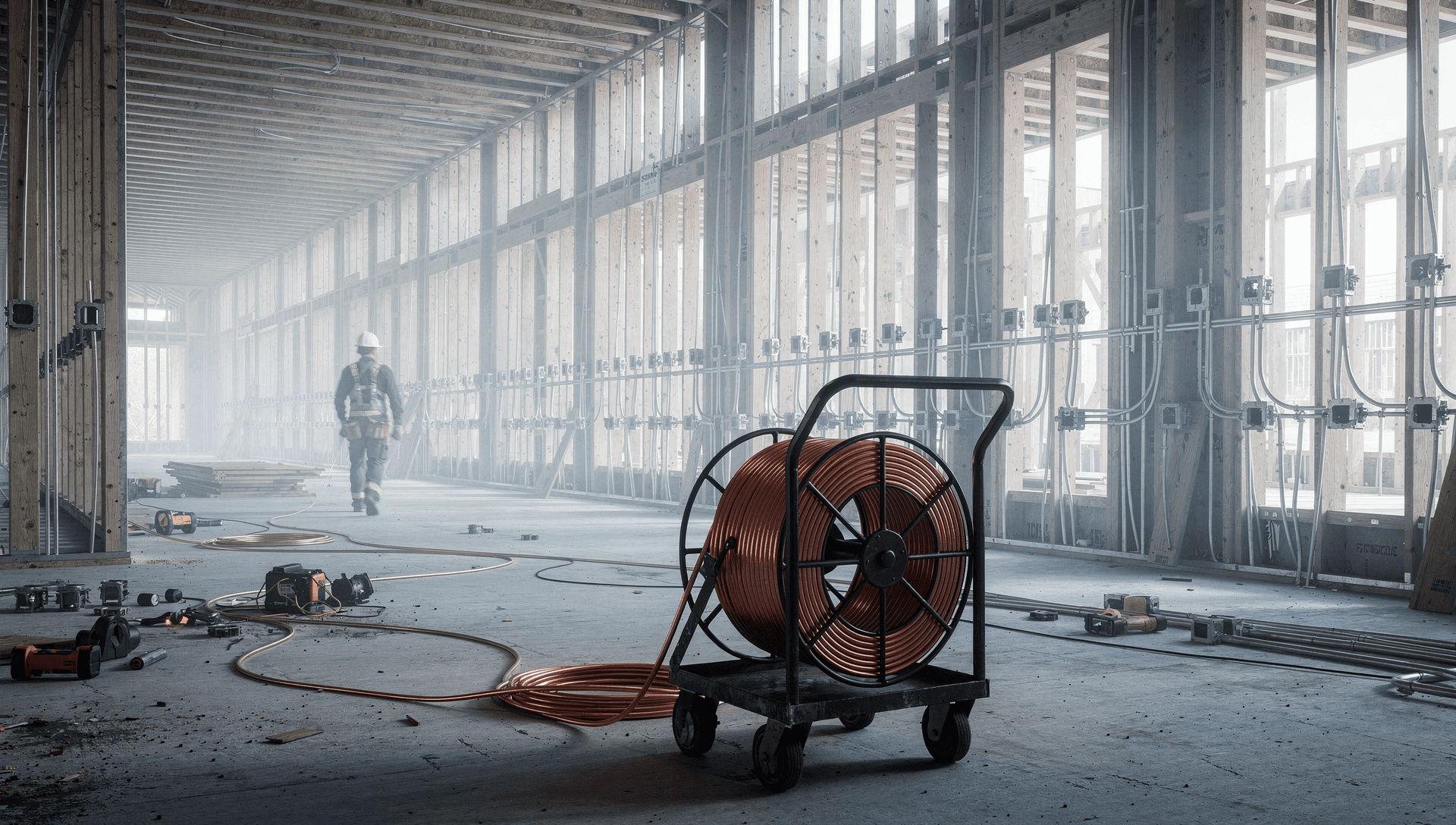 A bright modern multi-unit residential construction site interior, framed walls with rows of electrical gang boxes and conduit stubbed out, a spool of copper wire on a cart in the foreground, cool blue-grey daylight with a single warm brass-copper highlight.