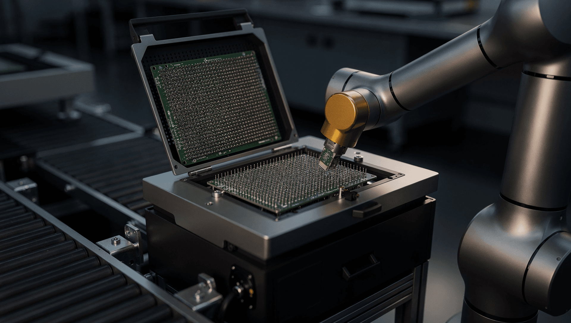 A collaborative robot arm feeds a fixtured circuit assembly into an automated test station on a modern defense electronics floor, gunmetal benches and brass-toned status lights in low industrial light.