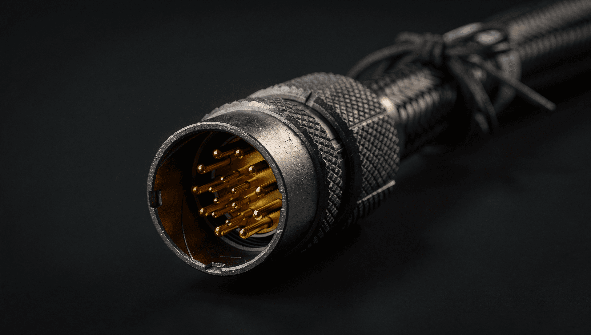 A mil-spec circular connector and a dressed wiring harness laid out for kit verification under raking light, machined contacts and lacing sharp against a dark gunmetal bench.